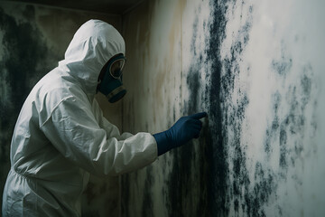 Person inspecting mold growth protective suit gas mask