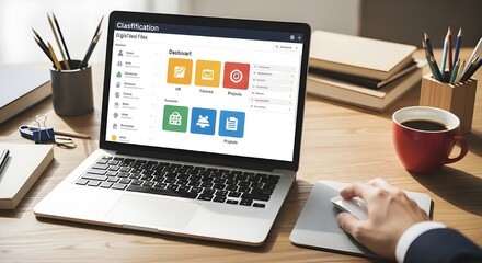 Fototapeta premium Precision File Management: Professional Organizing Digital Documents via Classification Dashboard