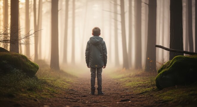 Young caucasian boy standing in misty forest at sunrise