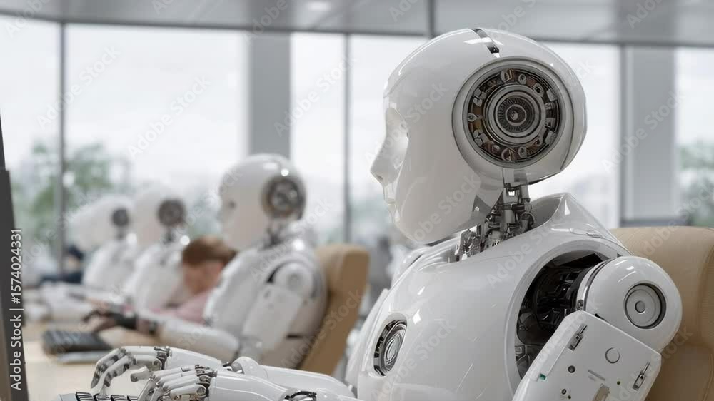 Poster a robot is sitting at a desk with a keyboard and mouse. the robot is white and has a human-like face