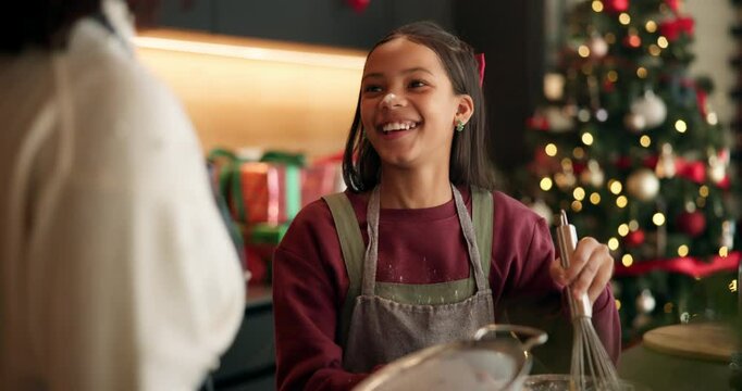 Baking, Christmas and mother with kid in kitchen for bonding, learning or preparing festive cookies. Laugh, xmas season and mom teaching girl child with cooking for dessert, cake or biscuits in home.
