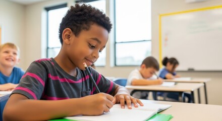 An african american boy writing in his notebook in the classroom
