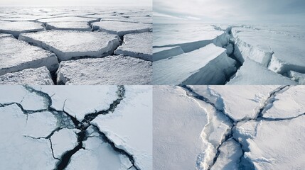 Four aerial views of fractured ice sheets.  Large cracks and fissures traverse the white, frozen expanse