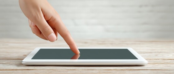 Touch interaction on tablet device modern office digital technology minimalist environment close-up view innovation concept