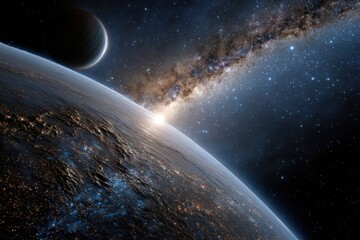 Fototapeta premium Views of a distant planet with a galactic backdrop and galaxy shining in the distance