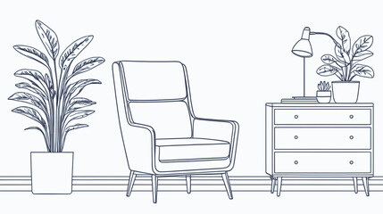 Continuous one-line drawing of an armchair, dresser, and home plant. Minimalist and stylish Scandinavian interior furniture design in hand-drawn vector style, isolated on white background. 