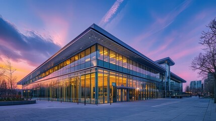Obraz premium Exterior view of a modern glass building at dusk with a colorful sky and trees visible