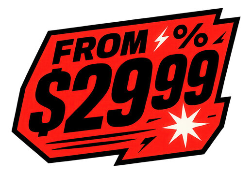 Bold red jagged-edge sticker with FROM $2999 in dynamic style, eye-catching retail discount promo on transparent background.