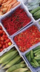 Various kinds of colorful fresh vegetables in plastic boxes sell at traditional market.