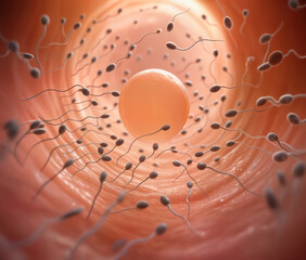 Sperm going for the egg. Sperms on the way to egg cell. Male reproductive sperm entering the egg. Sperm pass through the cervical canal and uterine cavity into the fallopian tube.