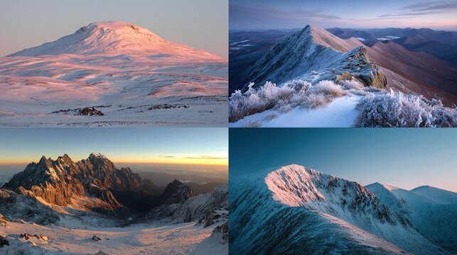 Four winter mountain landscapes at sunrise or sunset, showcasing snow-capped peaks, frosted vegetation, and varied rock formations - Powered by Adobe
