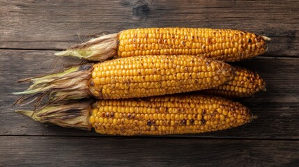 Grilled Sweet Corn on Rustic Wooden Background, Delicious Summer Treat
