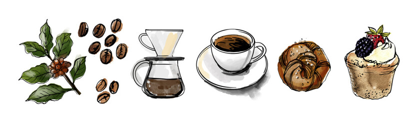 Watercolor Coffee and Pastry Set – Vector Illustration
