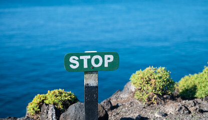 Stop Sign about Protected Area in Galapagos National Park, South Plaza Island