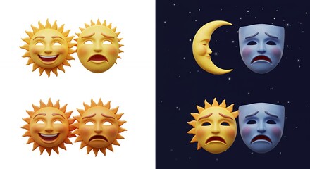 Sun and moon masks day and night emotions