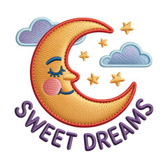 Sleepy crescent moon with stars and clouds embroidery