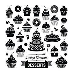Black Dessert Design Elements with Cupcakes Cakes and Donuts