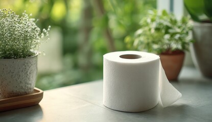 Tissue roll placed on counter. Green garden & plants in background. Home use