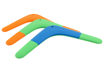 Three Colorful Boomerangs Orange Green and Blue isolated on transparent background