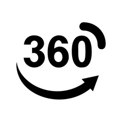 A black 360 degree icon with a curved arrow indicates a panoramic view, isolated on white background