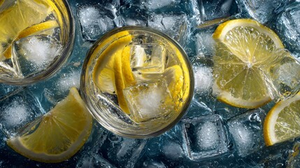 Cold drink flat lay with lemon slices and ice cubes, wide framing