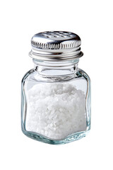 Shiny chrome topped glass salt shaker holds coarse white grains against a transparent background creating a food related still life.. Ai Generated Images