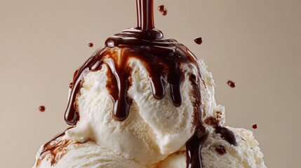 Dripping chocolate sauce on ice cream in mid-pour, light cream backdrop