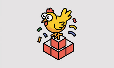 Cute Cartoon Chicken Celebrating on a Podium with Confetti