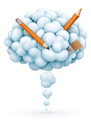An artistic representation of creativity with clouds and art tools.