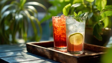 Duo of drinks on rustic tray with shadows and greenery peeking