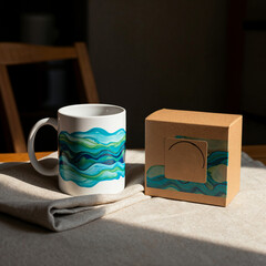 Minimal ceramic mug with abstract design and matching packaging box on linen