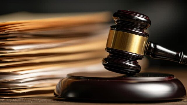 Gavel on Table with Papers for Legal Proceedings and Justice System in Courtroom Environment