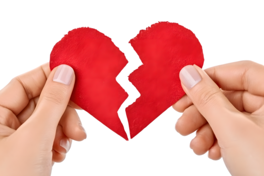 Two hands gently hold a red broken heart against a transparent background, symbolizing loss, grief, or heartbreak and potential for healing.. Ai Generated Images - Powered by Adobe