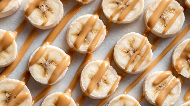 Flat lay of frozen banana slices with peanut butter drizzle, airy frame - Powered by Adobe