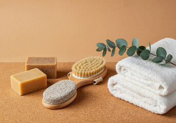 Minimalist eco bathroom flat lay with natural accessories on beige background