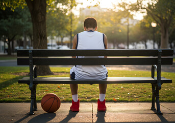 Basketball Player Resting on Park Bench, Facing Away, Ball Beside, Green Trees, Sunlight.