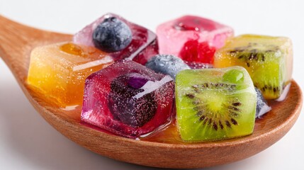 Frozen fruit tea cubes melting in bowl with wooden spoon, white background
