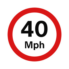 A circular road sign indicates a speed limit of 40 mph isolated on white background