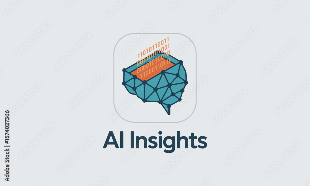 Poster ai insights app icon: abstract brain, binary data & geometric design. artificial intelligence and te