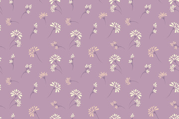 Seamless floral pattern with delicate daisies with stems on a soft purple violet background. Vector drawn plain unique flowers print. Design for spring summer themed projects, stationery, gift wraps.