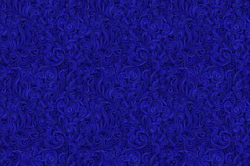 Seamless vector pattern featuring intricate swirling lines and ornamental curls in a deep blue color scheme. Elegant, decorative, and luxurious, ideal for wallpapers, textiles, branding