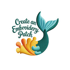 Teal mermaid tail with colorful coral embroidery patch