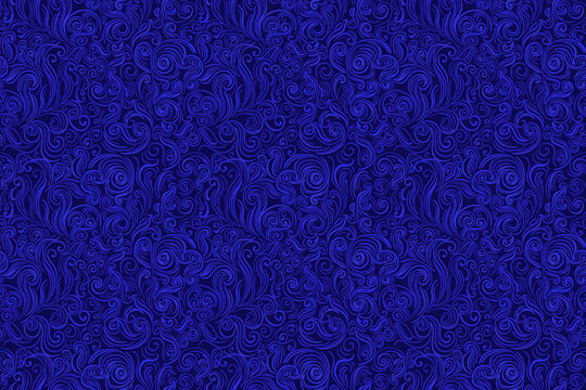 Seamless vector pattern featuring intricate swirling lines and ornamental curls in a deep blue color scheme. Elegant, decorative, and luxurious, ideal for wallpapers, textiles, branding