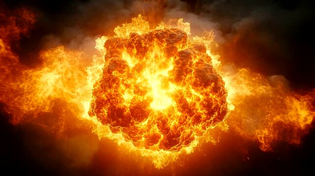 Fiery explosion erupts with intensity against a smoky, dark background