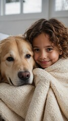 Smiling Child Embraces Golden Retriever Under Cozy Blanket
