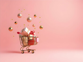 Gold Shopping Cart Filled with Wrapped Gifts and Gold Ornaments Falling on Pink Background presents