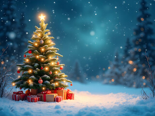 Snowy Christmas Eve Night Scene Illuminated Christmas Tree with Red and Brown Gifts Underneath Falling Snow Winter Wonderland Setting