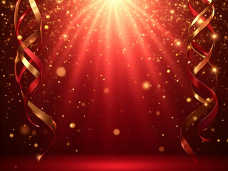 Red and Gold Spiral Streamers Festive Background Sparkling Lights Celebration Design ribbons
