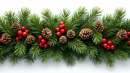 Realistic Christmas Pine Garland Adorned with Red Berries and Brown Pine Cones on White Background Festive Holiday Decoration Winter Season Greenery