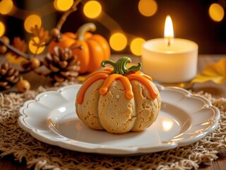 Decorative pumpkin cookie on white plate with candle and holiday lights  